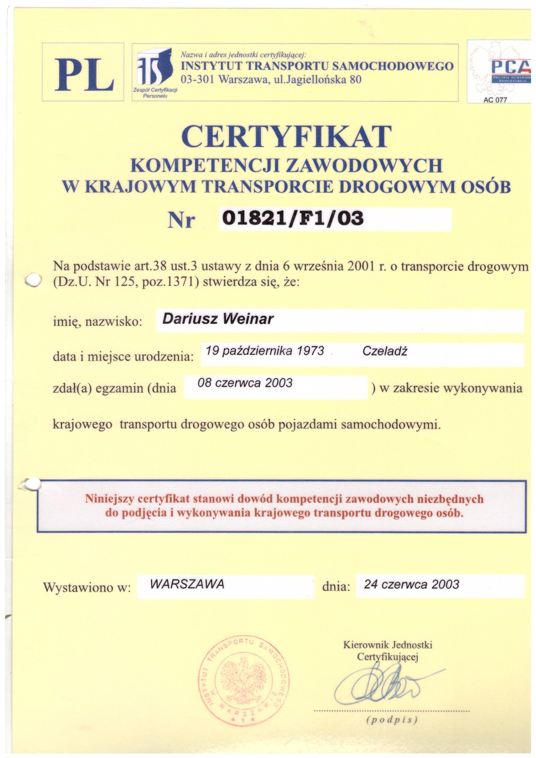Certyfikat Kompetencji Zawodowych